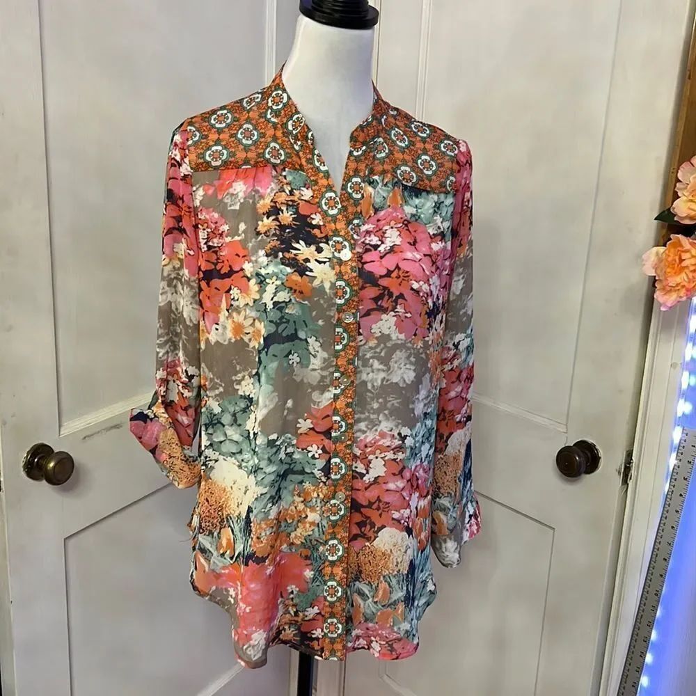 Figuerca & Flower Sheer Multi Print Blouse Womens Size Small